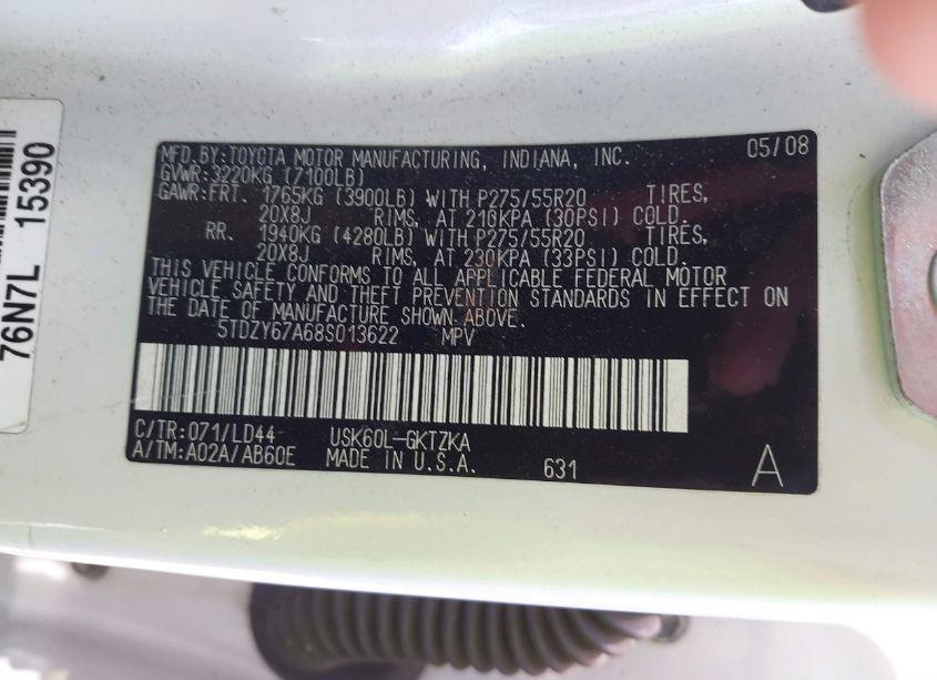 Photo 9 of 2008 Toyota Sequoia PLATINUM 5.7L V8 (VIN 5TDZY67A68S013622)