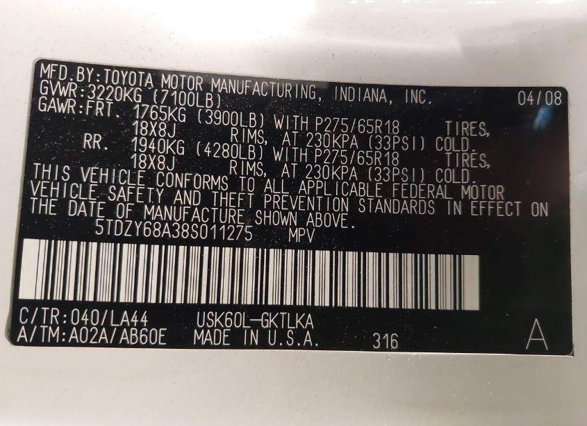 Photo 9 of 2008 Toyota Sequoia LIMITED 5.7L V8 (VIN 5TDZY68A38S011275)