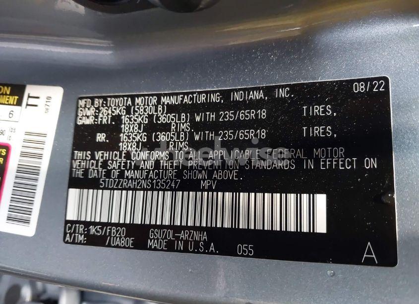 Photo 9 of 2022 Toyota Highlander LE (VIN 5TDZZRAH2NS135247)