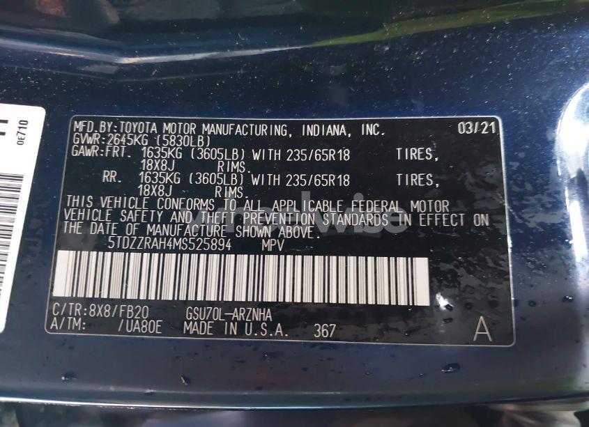 Photo 9 of 2021 Toyota Highlander LE (VIN 5TDZZRAH4MS525894)