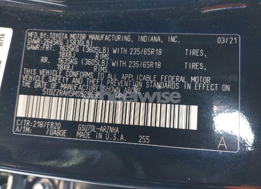 Photo 9 of 2021 Toyota Highlander LE (VIN 5TDZZRAH5MS525595)