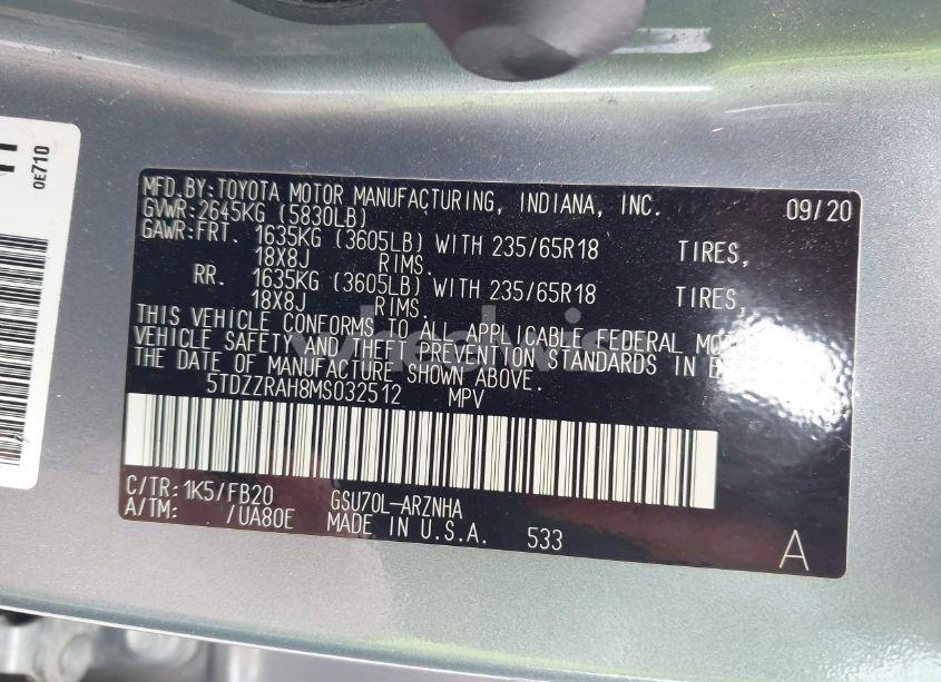 Photo 9 of 2021 Toyota Highlander L/LE (VIN 5TDZZRAH8MS032512)