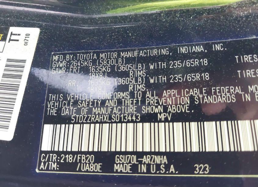 Photo 9 of 2020 Toyota Highlander LE (VIN 5TDZZRAHXLS013443)