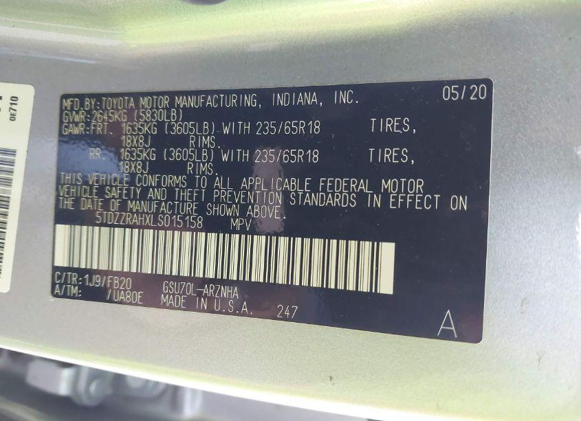 Photo 9 of 2020 Toyota Highlander LE (VIN 5TDZZRAHXLS015158)