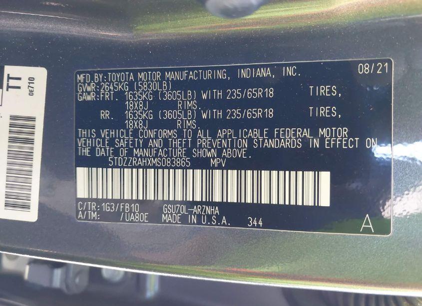 Photo 9 of 2021 Toyota Highlander LE (VIN 5TDZZRAHXMS083865)