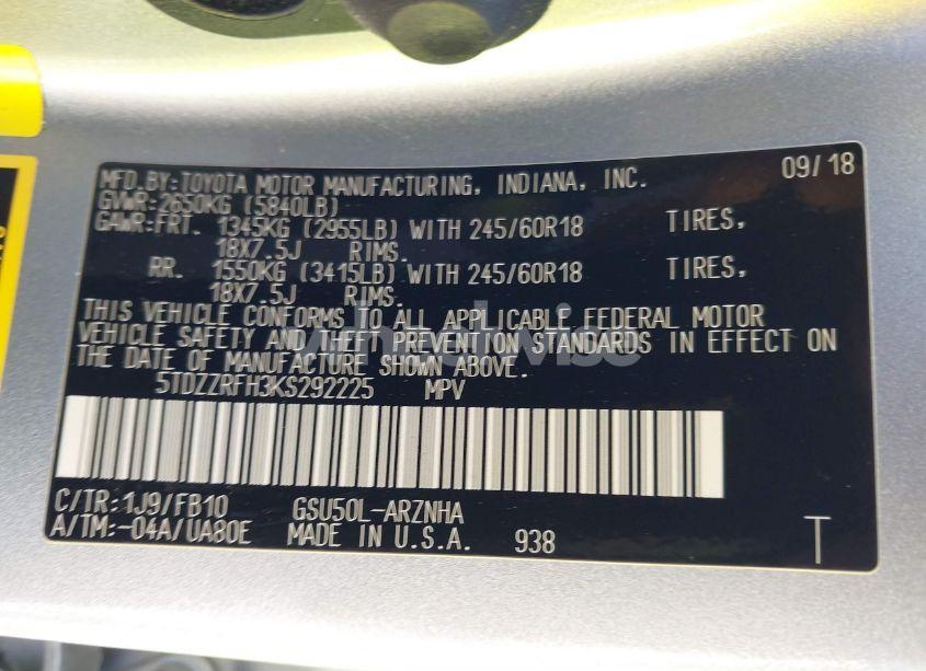 Photo 9 of 2019 Toyota Highlander LE (VIN 5TDZZRFH3KS292225)