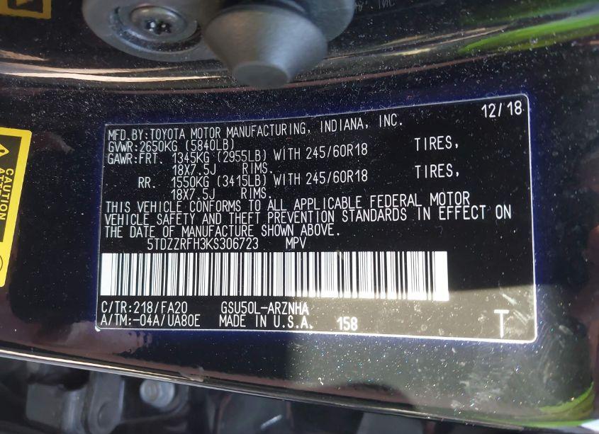 Photo 9 of 2019 Toyota Highlander LE PLUS (VIN 5TDZZRFH3KS306723)