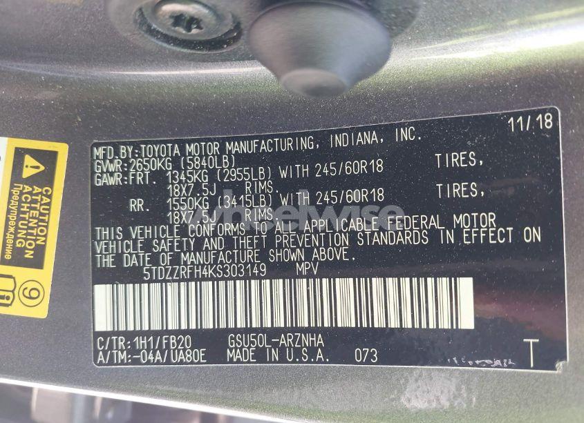 Photo 9 of 2019 Toyota Highlander LE (VIN 5TDZZRFH4KS303149)