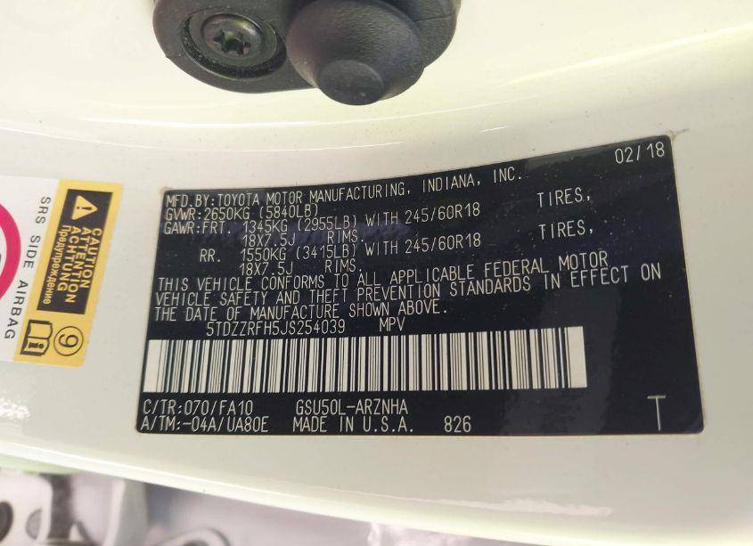 Photo 9 of 2018 Toyota Highlander LE PLUS (VIN 5TDZZRFH5JS254039)