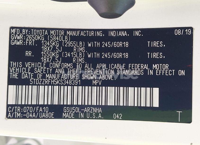 Photo 9 of 2019 Toyota Highlander LE PLUS (VIN 5TDZZRFH5KS348391)