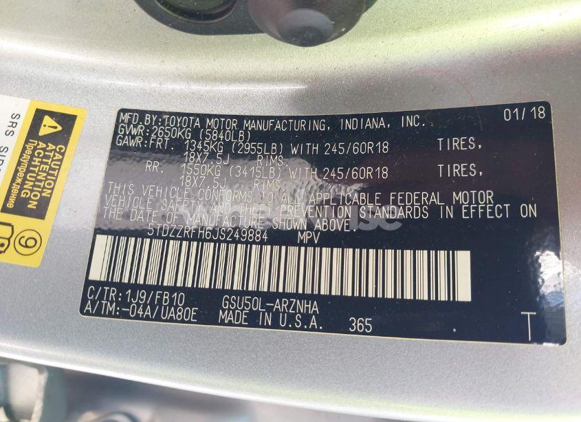 Photo 9 of 2018 Toyota Highlander LE (VIN 5TDZZRFH6JS249884)