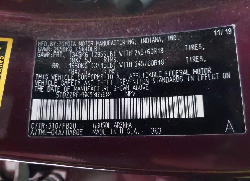 Photo 9 of 2019 Toyota Highlander LE (VIN 5TDZZRFH6KS365684)