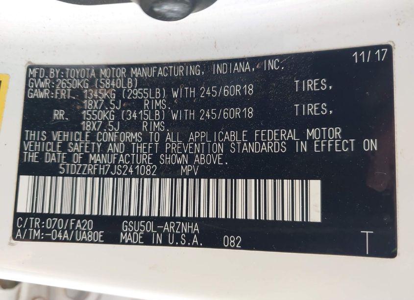 Photo 9 of 2018 Toyota Highlander LE PLUS (VIN 5TDZZRFH7JS241082)