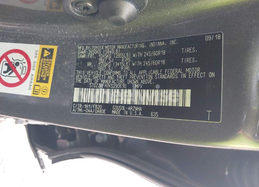 Photo 9 of 2019 Toyota Highlander LE (VIN 5TDZZRFH7KS290610)