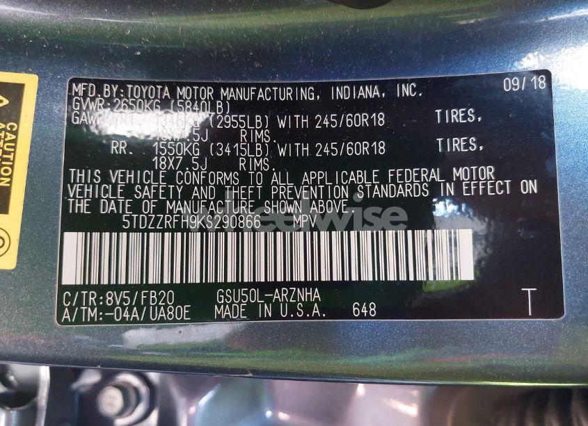 Photo 9 of 2019 Toyota Highlander LE (VIN 5TDZZRFH9KS290866)