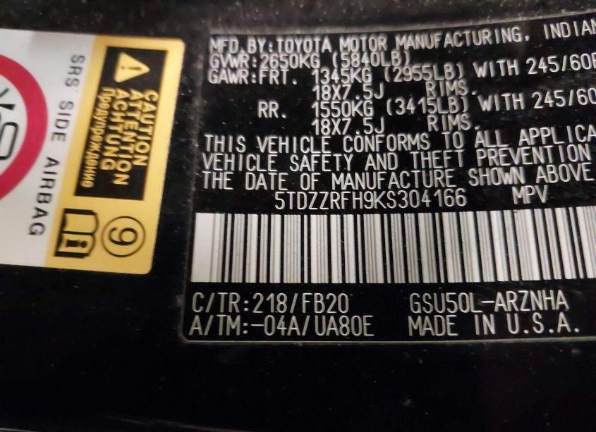 Photo 9 of 2019 Toyota Highlander LE (VIN 5TDZZRFH9KS304166)