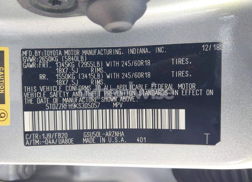 Photo 9 of 2019 Toyota Highlander LE (VIN 5TDZZRFH9KS305057)