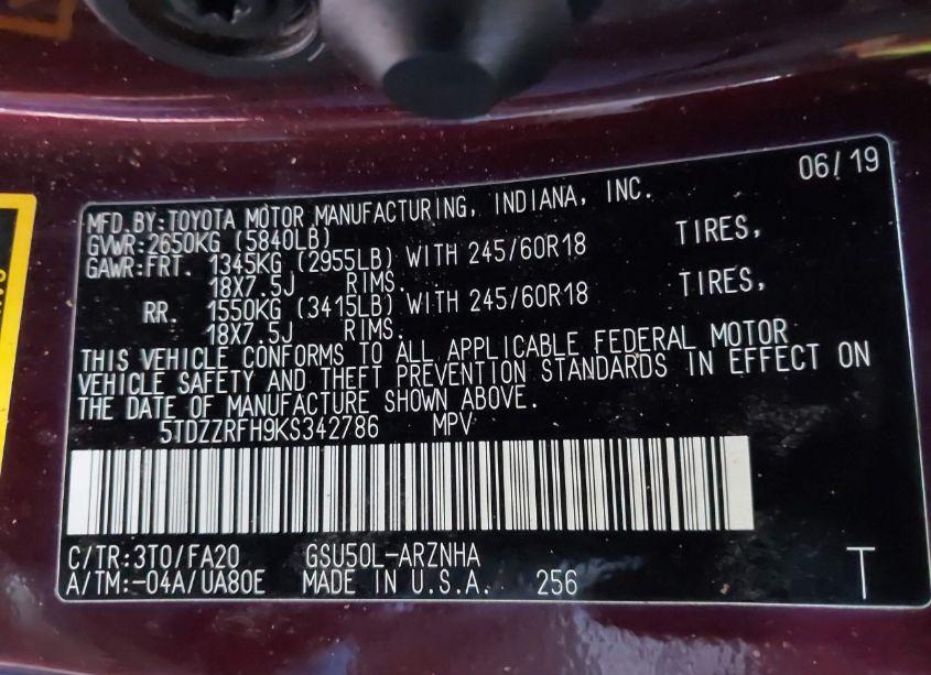 Photo 9 of 2019 Toyota Highlander LE PLUS (VIN 5TDZZRFH9KS342786)