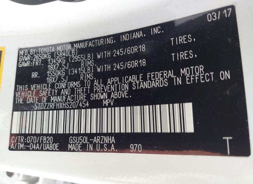 Photo 9 of 2017 Toyota Highlander LE (VIN 5TDZZRFHXHS207454)