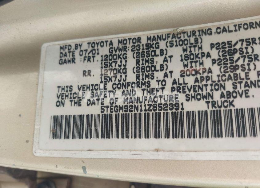Photo 9 of 2001 Toyota Tacoma PRERUNNER (VIN 5TEGM92N11Z852391)