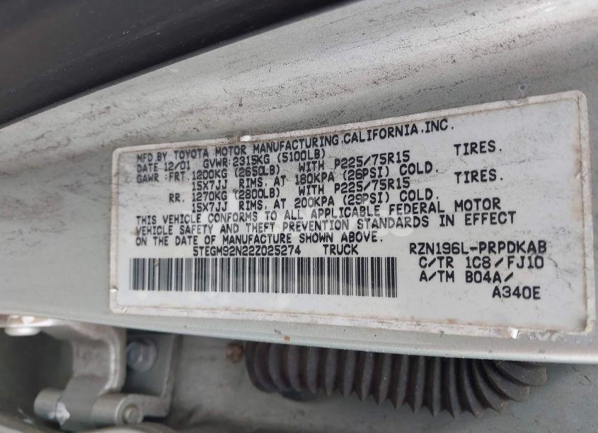 Photo 9 of 2002 Toyota Tacoma PRERUNNER (VIN 5TEGM92N22Z025274)