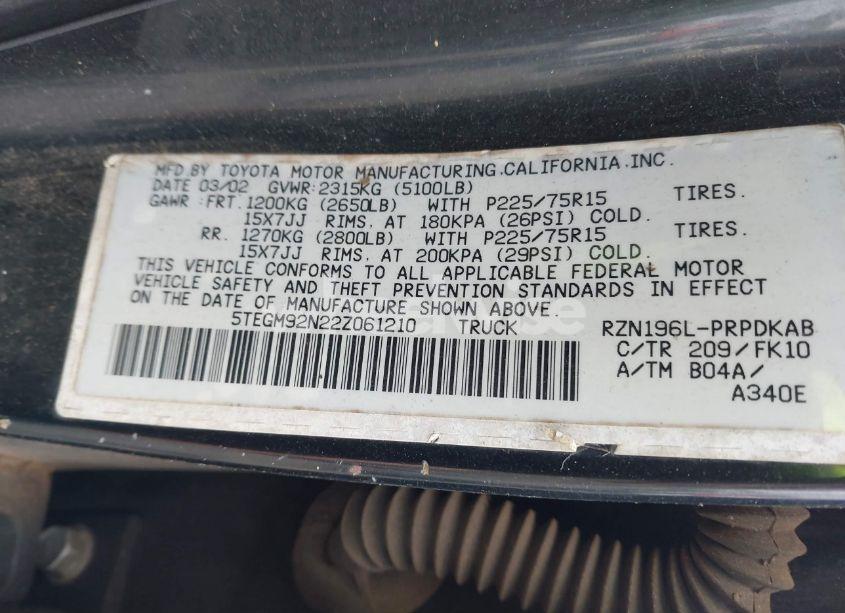 Photo 9 of 2002 Toyota Tacoma PRERUNNER (VIN 5TEGM92N22Z061210)