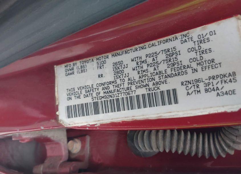 Photo 9 of 2001 Toyota Tacoma PRERUNNER (VIN 5TEGM92N31Z770677)