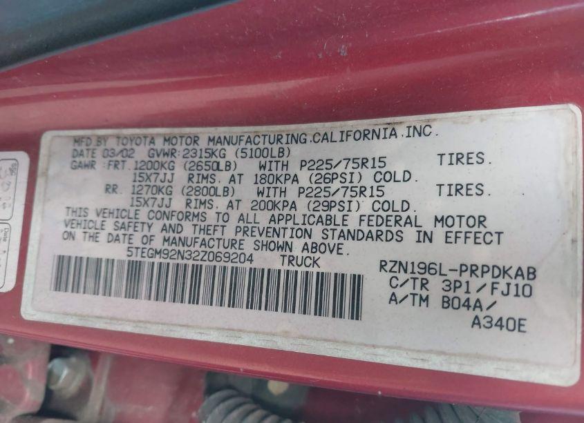 Photo 9 of 2002 Toyota Tacoma PRERUNNER (VIN 5TEGM92N32Z069204)