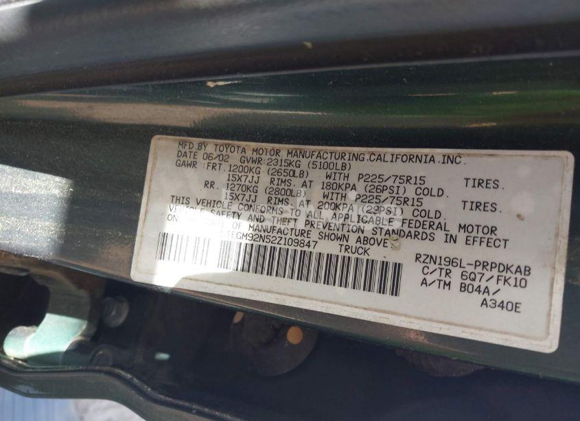 Photo 9 of 2002 Toyota Tacoma PRERUNNER (VIN 5TEGM92N52Z109847)