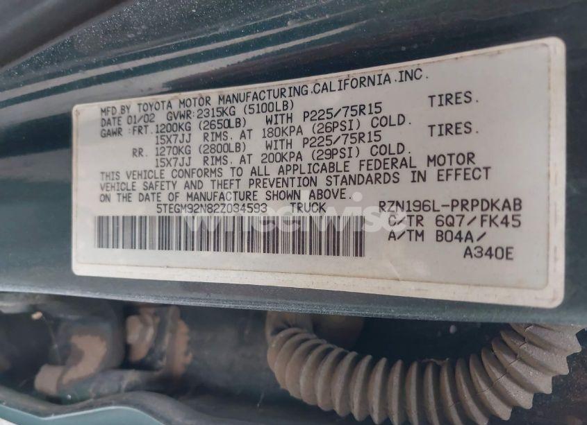 Photo 9 of 2002 Toyota Tacoma PRERUNNER (VIN 5TEGM92N82Z034593)