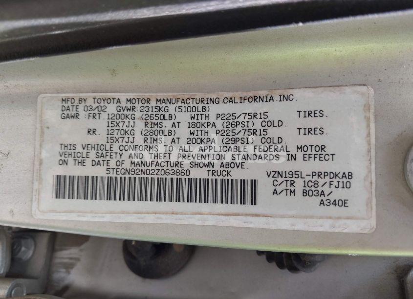 Photo 9 of 2002 Toyota Tacoma PRERUNNER V6 (VIN 5TEGN92N02Z063860)