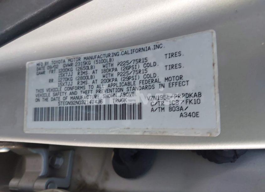 Photo 9 of 2003 Toyota Tacoma PRERUNNER V6 (VIN 5TEGN92N03Z147436)