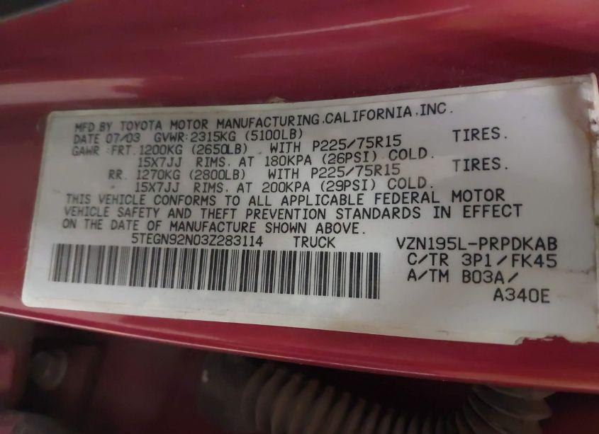 Photo 9 of 2003 Toyota Tacoma PRERUNNER V6 (VIN 5TEGN92N03Z283114)
