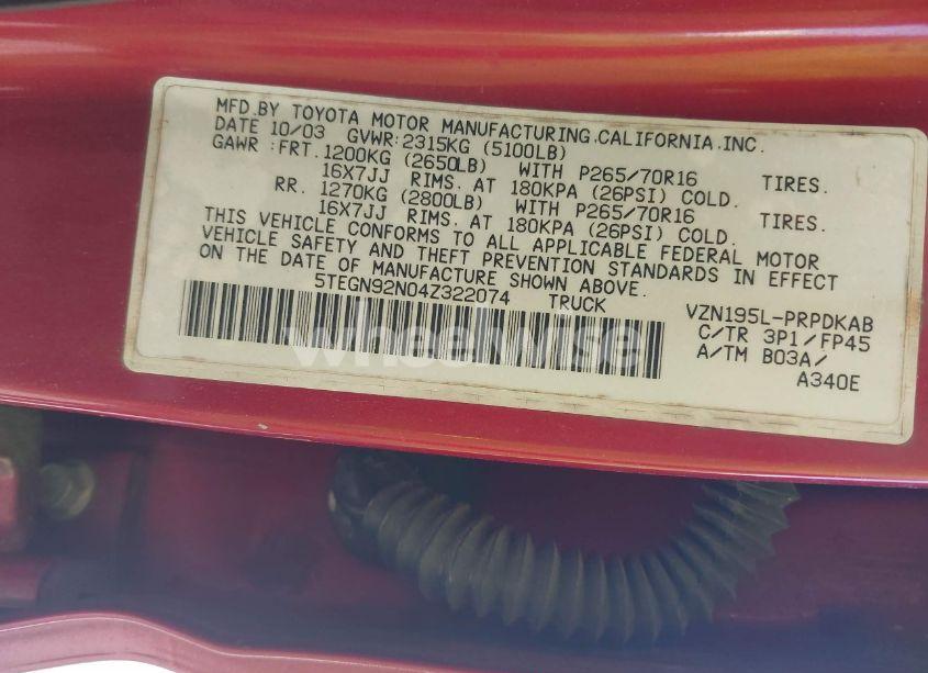 Photo 9 of 2004 Toyota Tacoma PRERUNNER V6 (VIN 5TEGN92N04Z322074)