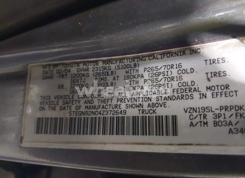 Photo 9 of 2004 Toyota Tacoma PRERUNNER V6 (VIN 5TEGN92N04Z372649)