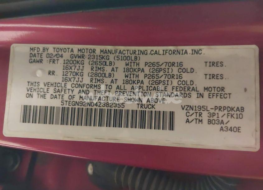 Photo 9 of 2004 Toyota Tacoma PRERUNNER V6 (VIN 5TEGN92N04Z382355)
