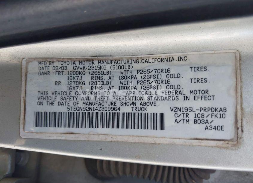 Photo 9 of 2004 Toyota Tacoma PRERUNNER V6 (VIN 5TEGN92N14Z309964)