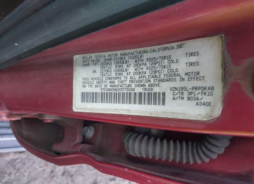 Photo 9 of 2002 Toyota Tacoma PRERUNNER V6 (VIN 5TEGN92N22Z078098)