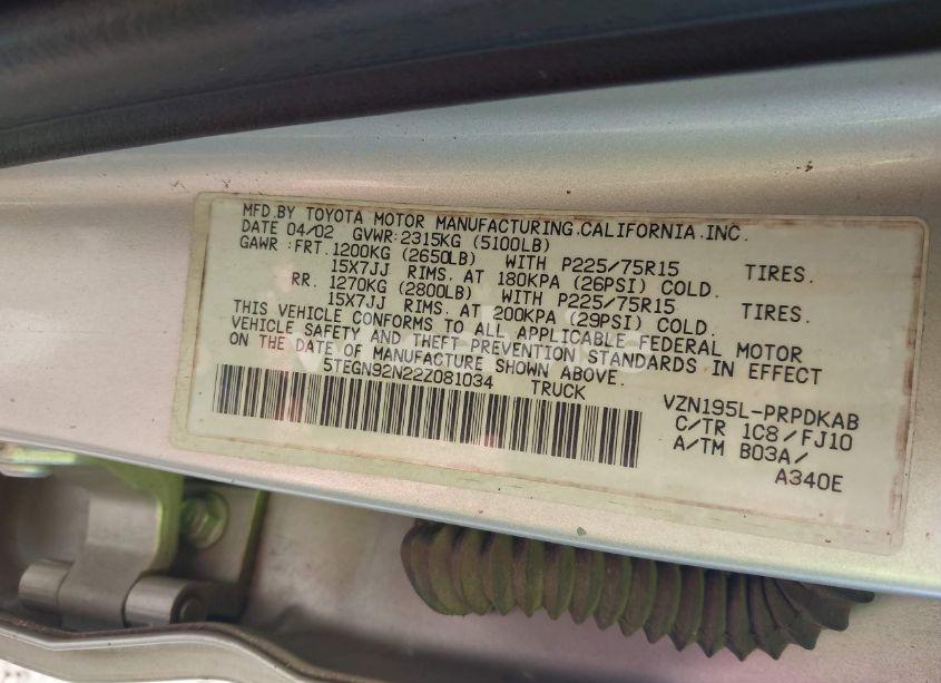 Photo 9 of 2002 Toyota Tacoma PRERUNNER V6 (VIN 5TEGN92N22Z081034)