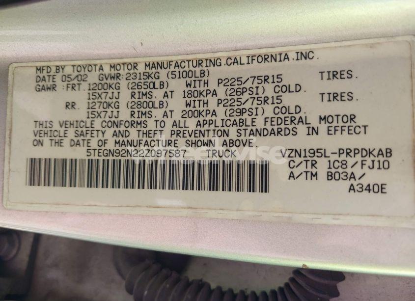 Photo 9 of 2002 Toyota Tacoma PRERUNNER V6 (VIN 5TEGN92N22Z097587)