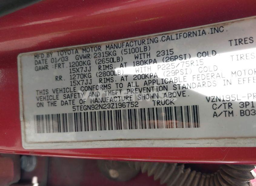 Photo 9 of 2003 Toyota Tacoma PRERUNNER V6 (VIN 5TEGN92N23Z196752)