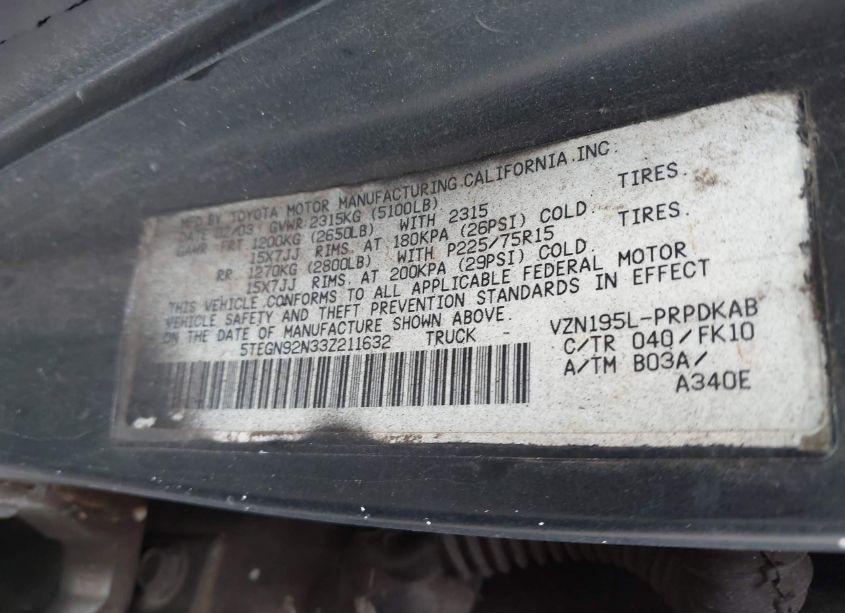 Photo 9 of 2003 Toyota Tacoma PRERUNNER V6 (VIN 5TEGN92N33Z211632)