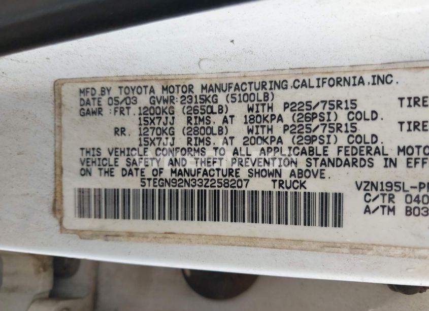 Photo 9 of 2003 Toyota Tacoma PRERUNNER V6 (VIN 5TEGN92N33Z258207)