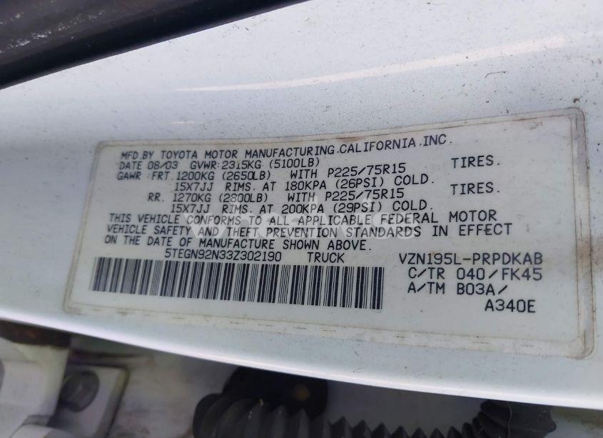 Photo 9 of 2003 Toyota Tacoma PRERUNNER V6 (VIN 5TEGN92N33Z302190)