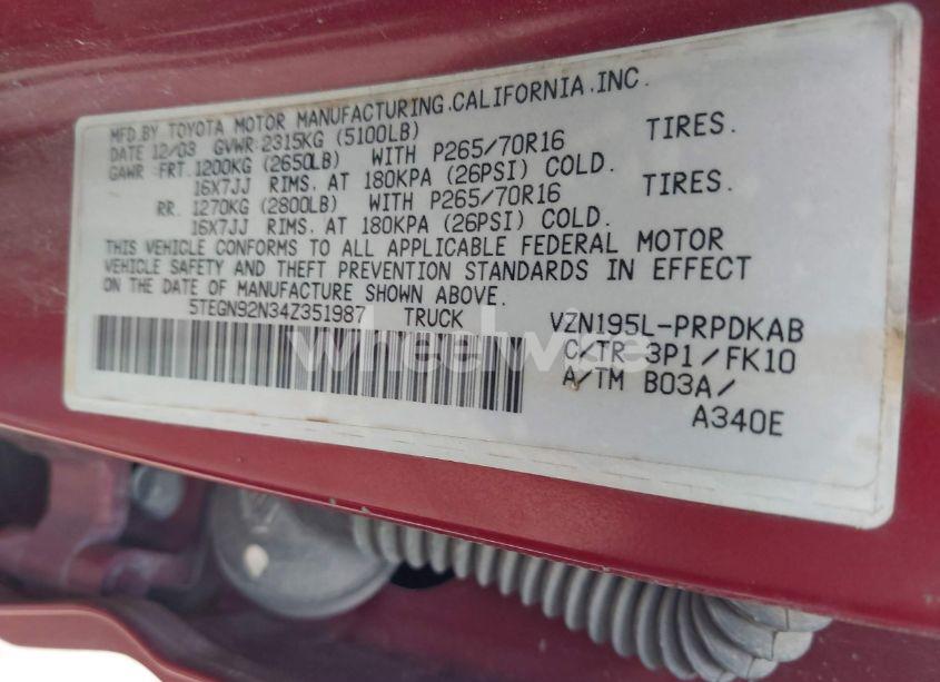 Photo 9 of 2004 Toyota Tacoma PRERUNNER V6 (VIN 5TEGN92N34Z351987)