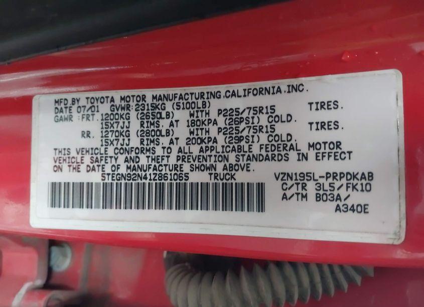 Photo 9 of 2001 Toyota Tacoma PRERUNNER V6 (VIN 5TEGN92N41Z861065)