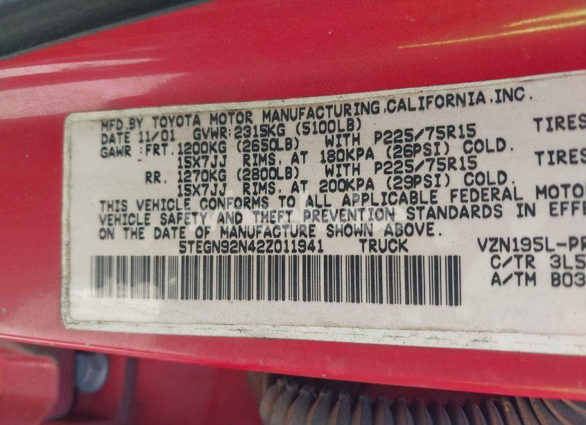 Photo 9 of 2002 Toyota Tacoma PRERUNNER V6 (VIN 5TEGN92N42Z011941)
