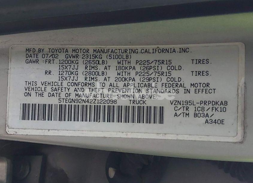 Photo 9 of 2002 Toyota Tacoma PRERUNNER V6 (VIN 5TEGN92N42Z122098)