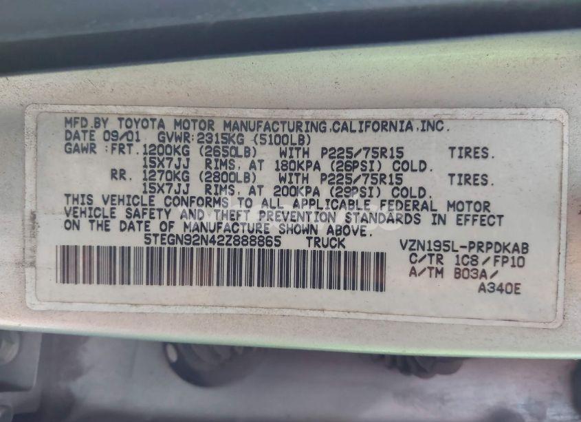 Photo 9 of 2002 Toyota Tacoma PRERUNNER V6 (VIN 5TEGN92N42Z888865)