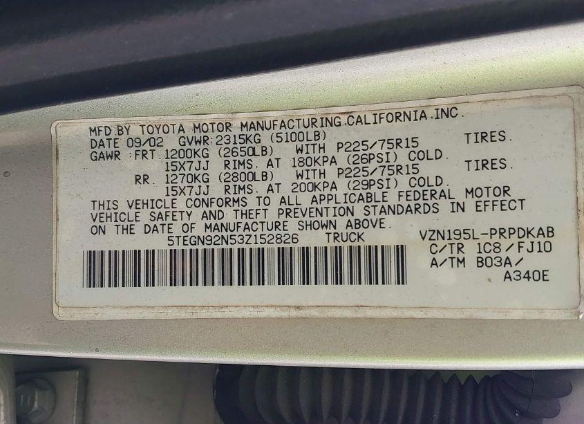 Photo 9 of 2003 Toyota Tacoma PRERUNNER V6 (VIN 5TEGN92N53Z152826)